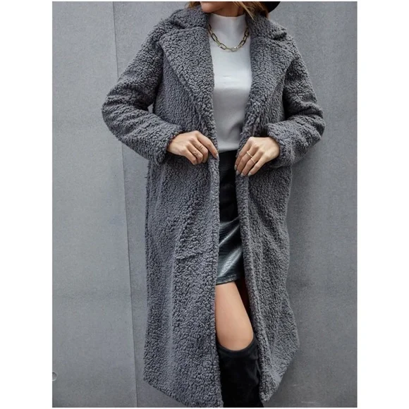 Cozy Charcoal Grey Teddy Button up Long Jacket Coat - Picture 6 of 6